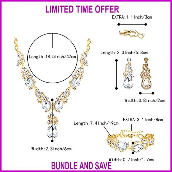 Multi Teardrop Crystal Statement Necklace Earrings Bracelet Set